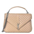 Saint Laurent Sheepskin Matelasse Chevron Monogram Large College Satchel Beige Leather Shoulder Bag