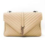 Saint Laurent Sheepskin Matelasse Chevron Monogram Large College Satchel Beige Leather Shoulder Bag