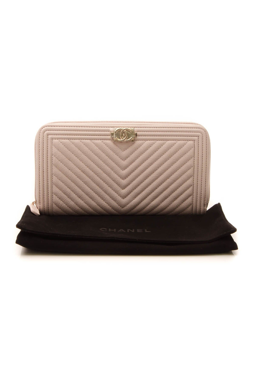 Chevron Quilted Boy Long Zip Wallet - Beige