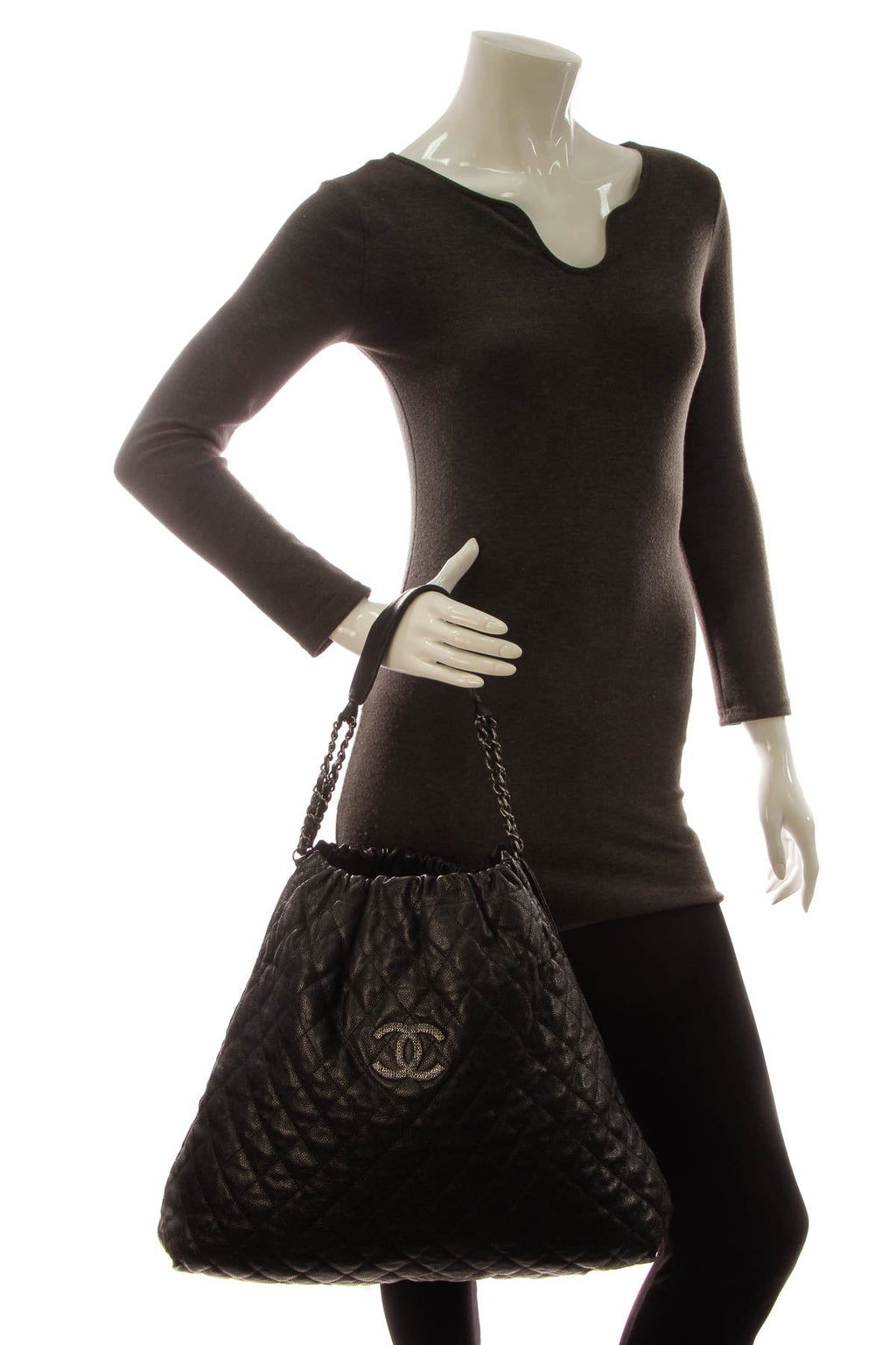 Elastic Large Tote Bag - Black Glazed Caviar