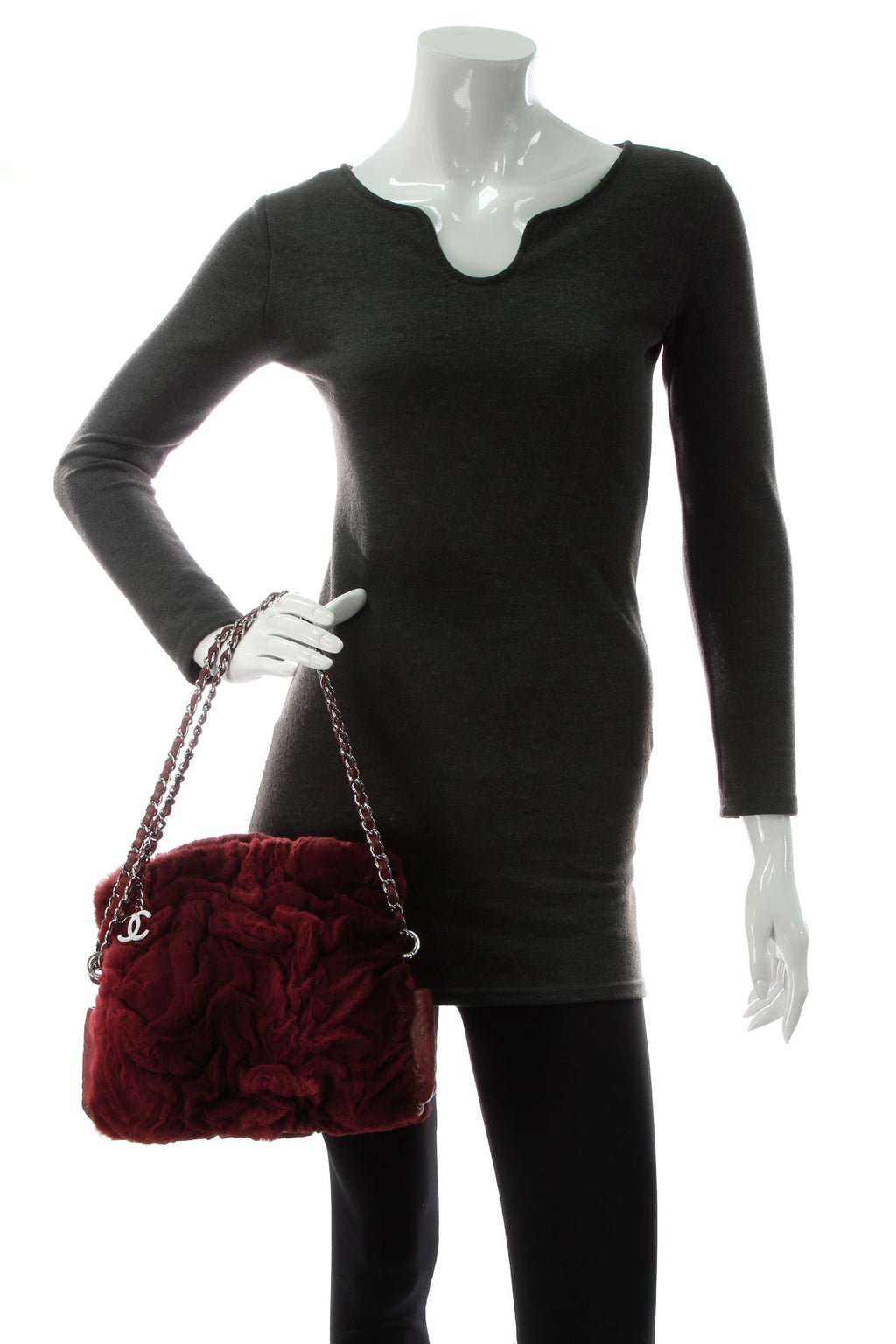 Rabbit Fur Shoulder Bag - Burgundy