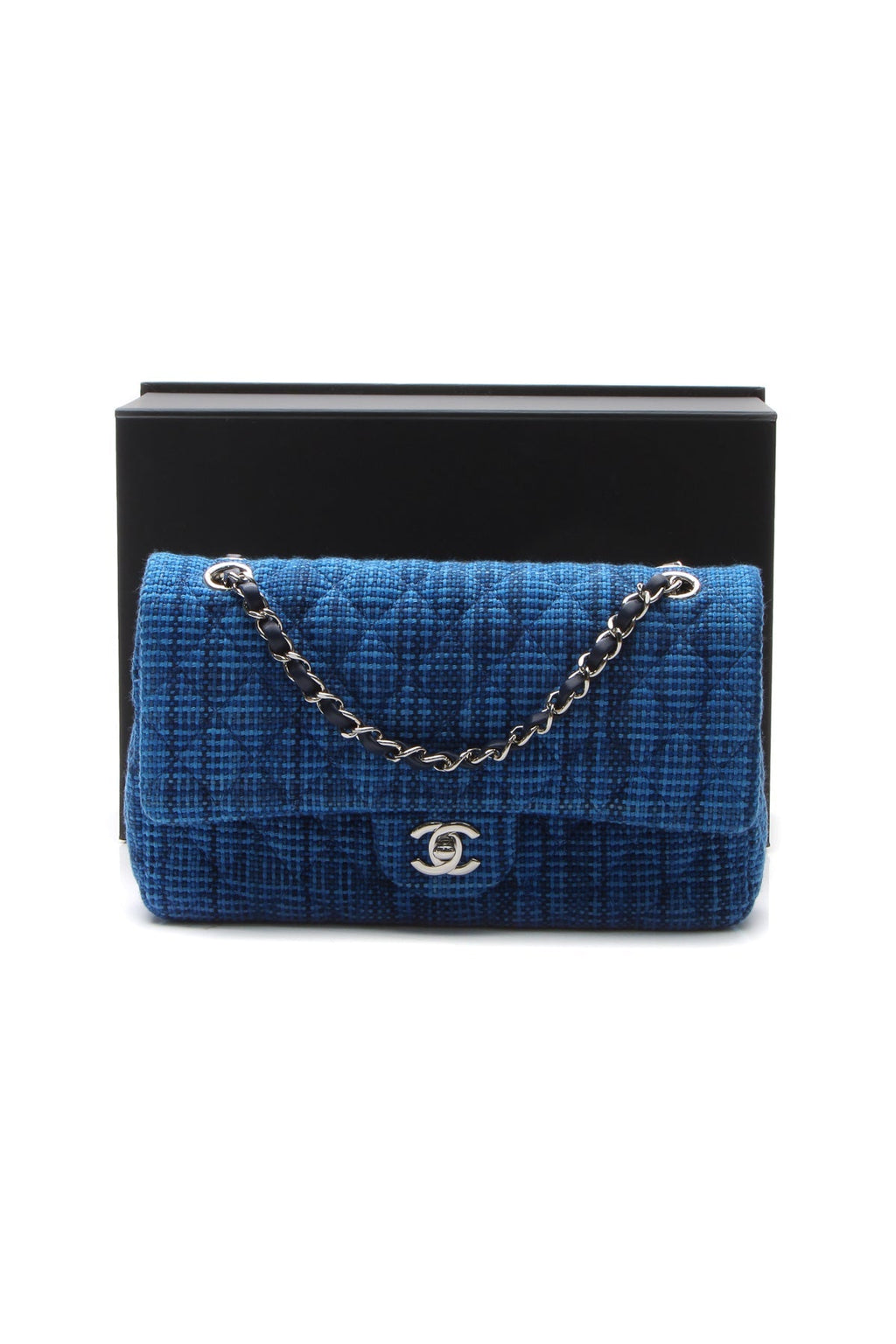 Tweed Classic Medium Double Flap Bag - Blue