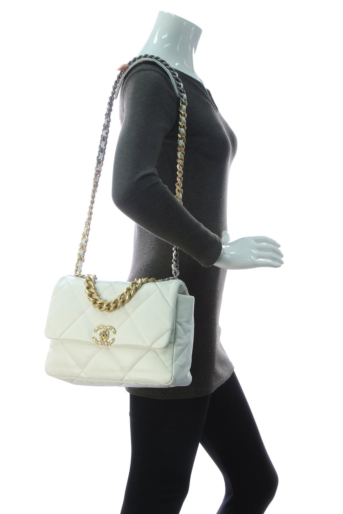 Quilted Large Chanel 19 Flap Bag - White