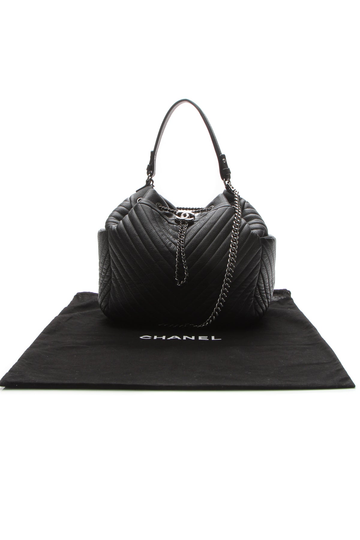 Chevron Small Drawstring Bucket Bag - Black