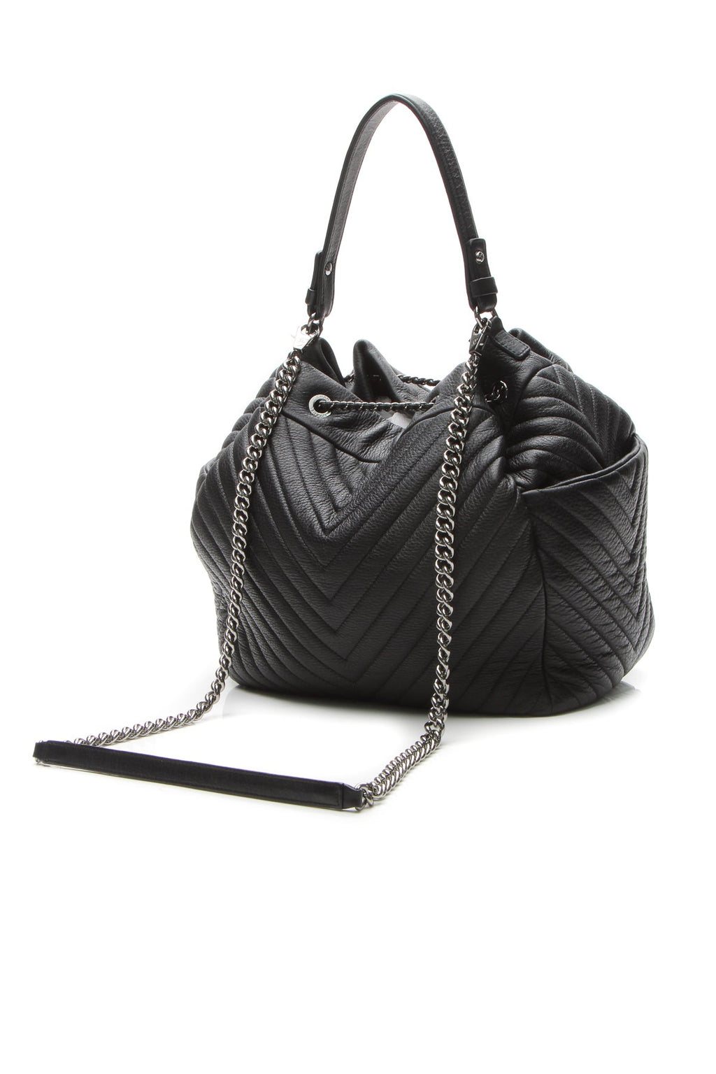 Chevron Small Drawstring Bucket Bag - Black