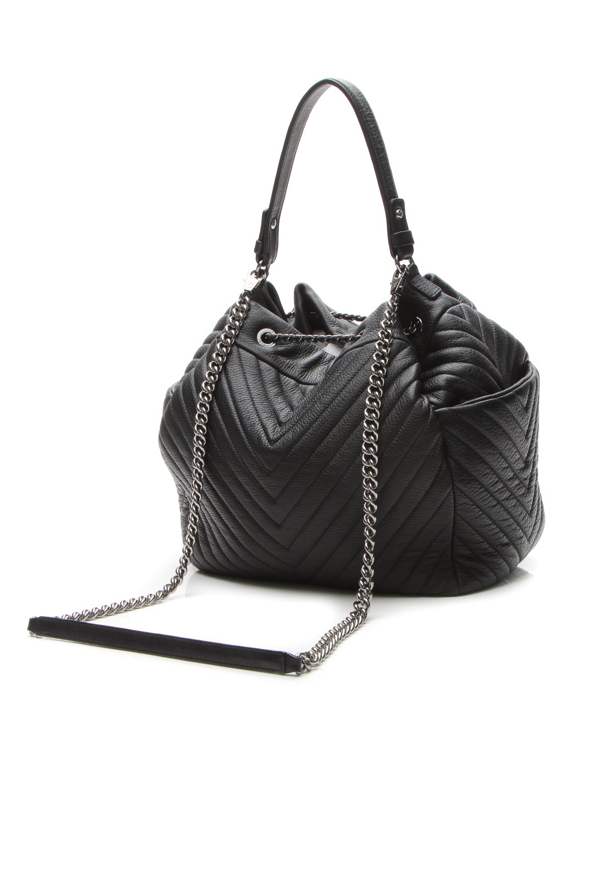 Chevron Small Drawstring Bucket Bag - Black