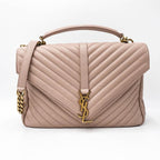 Saint Laurent Sheepskin Matelasse Chevron Monogram Large College Satchel Pink Leather Shoulder Bag