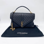 Saint Laurent Ghw Matelasse Chevron Monogram Large College Satchel Black Sheepskin Leather Shoulder Bag