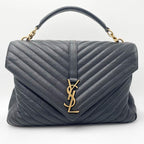 Saint Laurent Ghw Matelasse Chevron Monogram Large College Satchel Black Sheepskin Leather Shoulder Bag