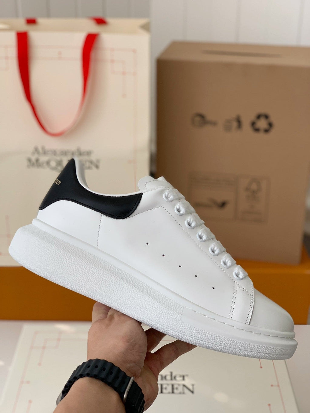Alexander McQueen Men’s White Leather Oversized Sneakers with Black Heel Tab