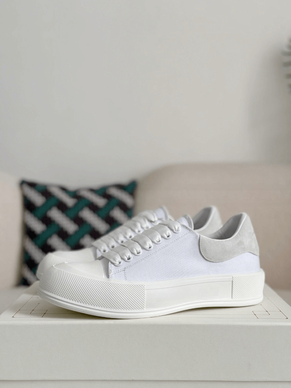 Alexander McQueen Men’s White Canvas Deck Plimsoll Sneakers with Grey Suede Heel