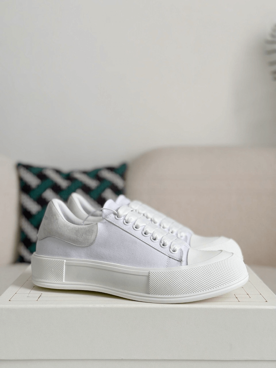 Alexander McQueen Men’s White Canvas Deck Plimsoll Sneakers with Grey Suede Heel