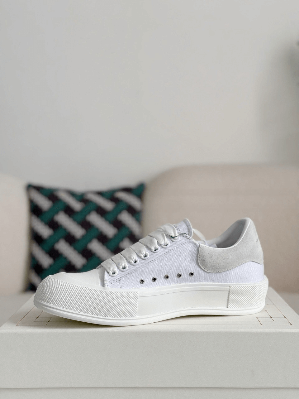 Alexander McQueen Men’s White Canvas Deck Plimsoll Sneakers with Grey Suede Heel