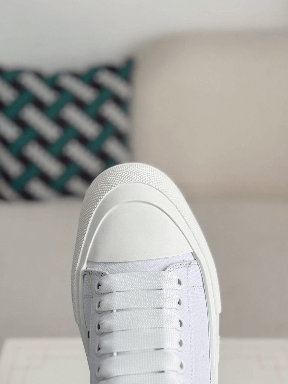 Alexander McQueen Men’s White Canvas Deck Plimsoll Sneakers with Grey Suede Heel