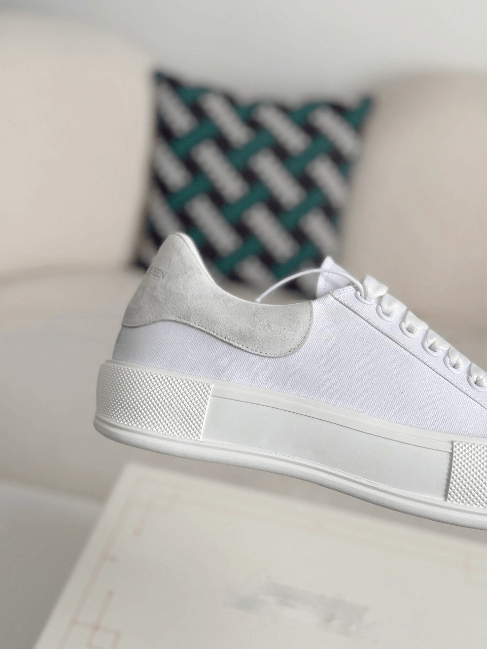 Alexander McQueen Men’s White Canvas Deck Plimsoll Sneakers with Grey Suede Heel