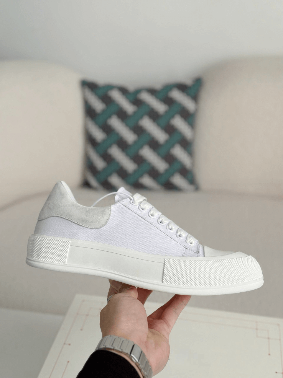 Alexander McQueen Men’s White Canvas Deck Plimsoll Sneakers with Grey Suede Heel