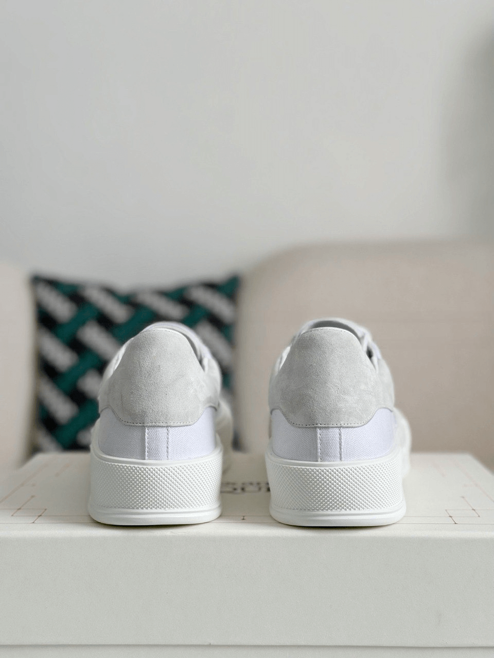Alexander McQueen Men’s White Canvas Deck Plimsoll Sneakers with Grey Suede Heel