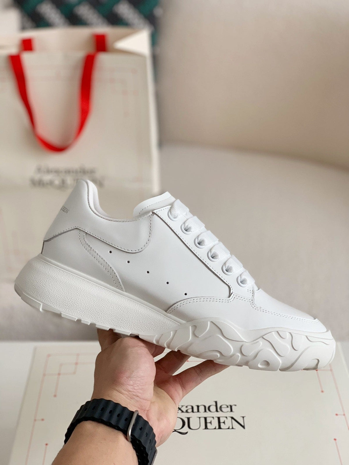 Alexander McQueen Men’s White Leather Court Trainer Sneakers