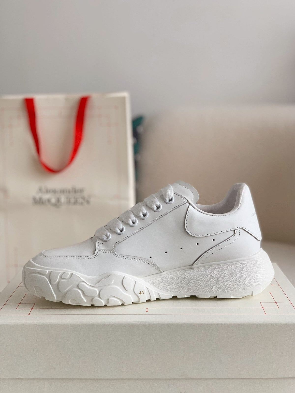 Alexander McQueen Men’s White Leather Court Trainer Sneakers