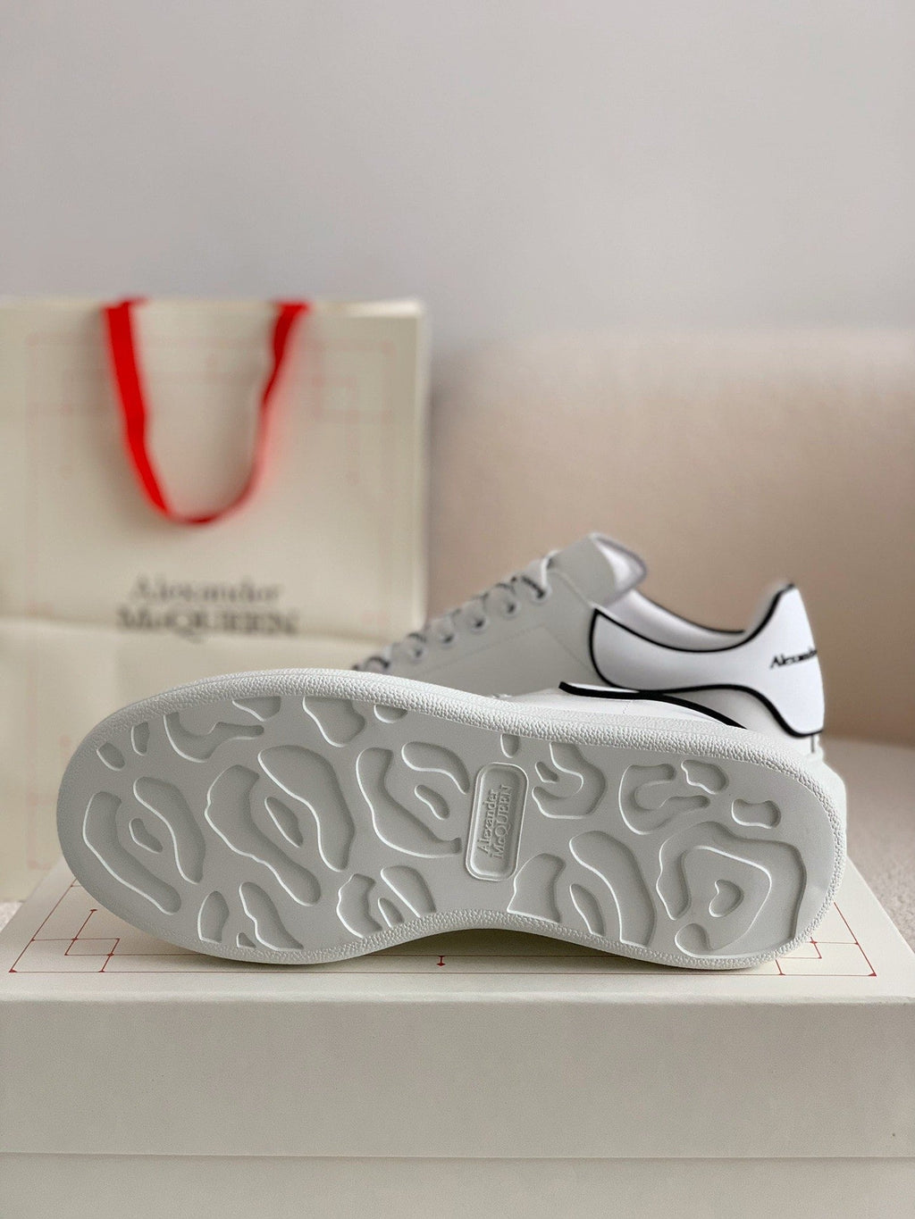 Alexander McQueen Men’s White Leather Oversized Sneakers with Black Piping Detail