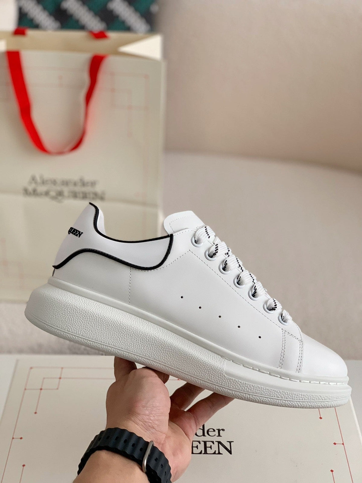 Alexander McQueen Men’s White Leather Oversized Sneakers with Black Piping Detail