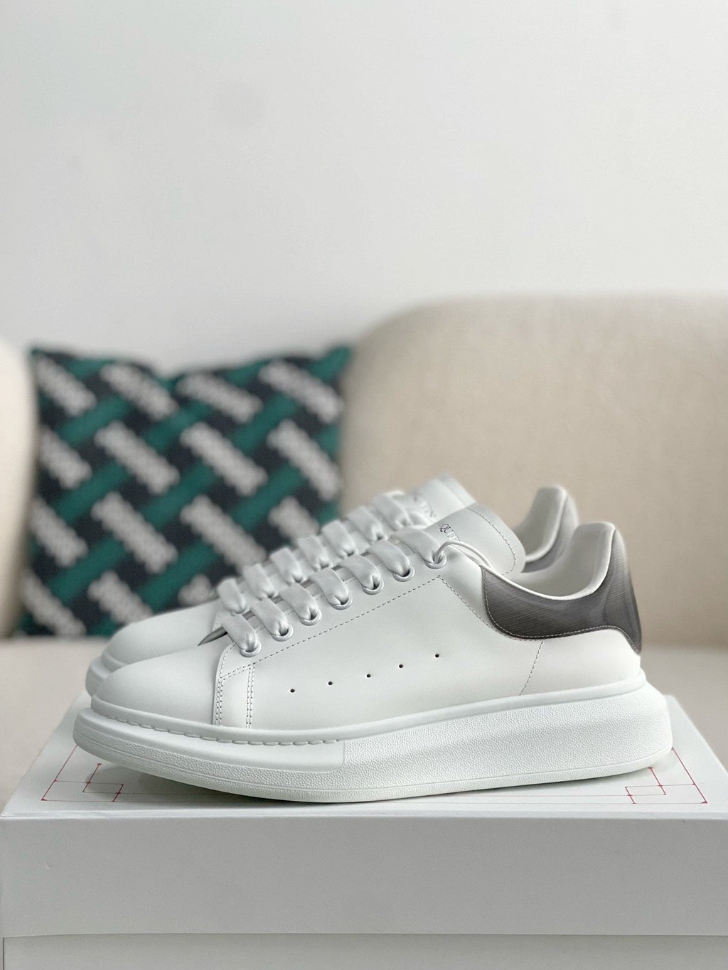 Alexander McQueen Men’s White Leather Oversized Sneakers with Gunmetal Metallic Heel