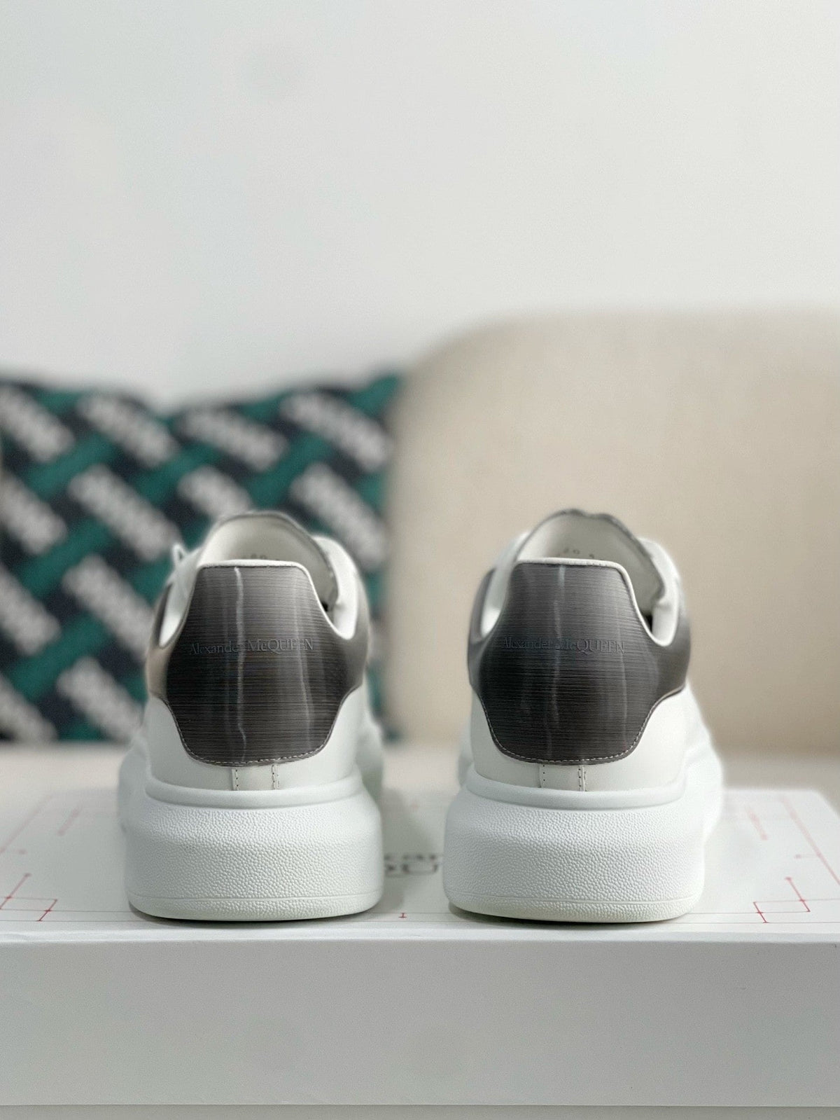 Alexander McQueen Men’s White Leather Oversized Sneakers with Gunmetal Metallic Heel
