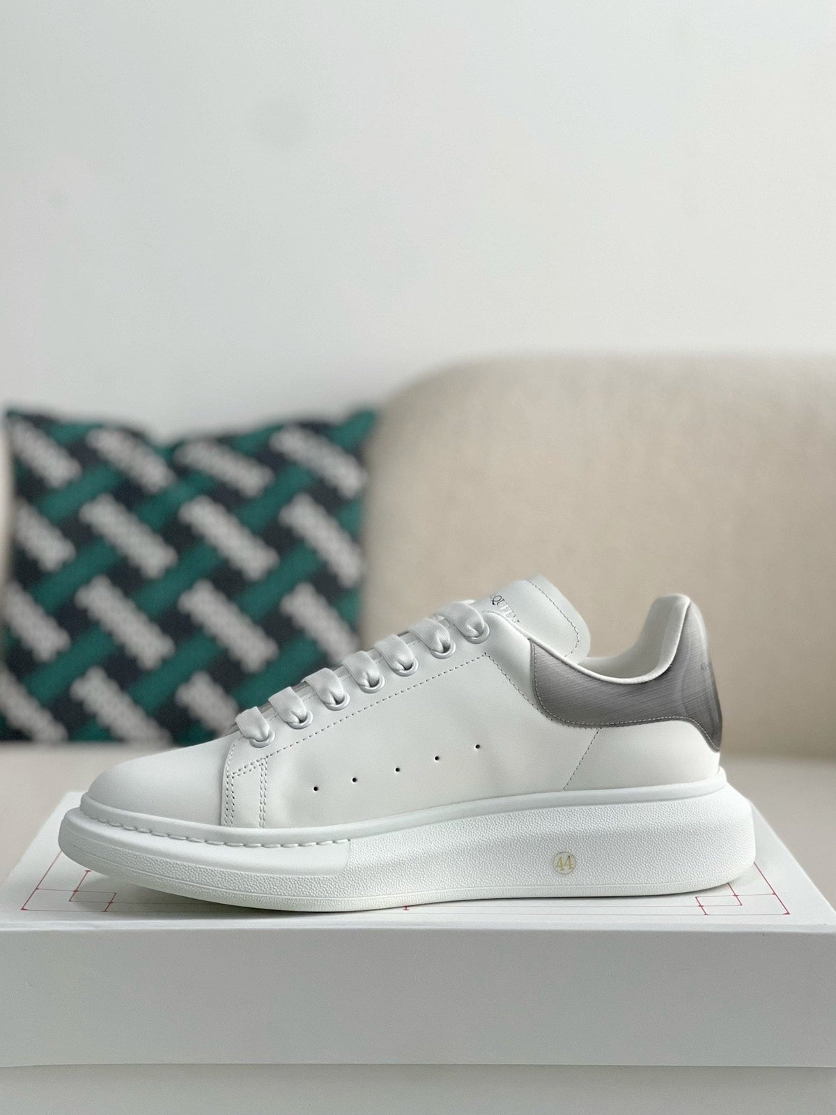 Alexander McQueen Men’s White Leather Oversized Sneakers with Gunmetal Metallic Heel