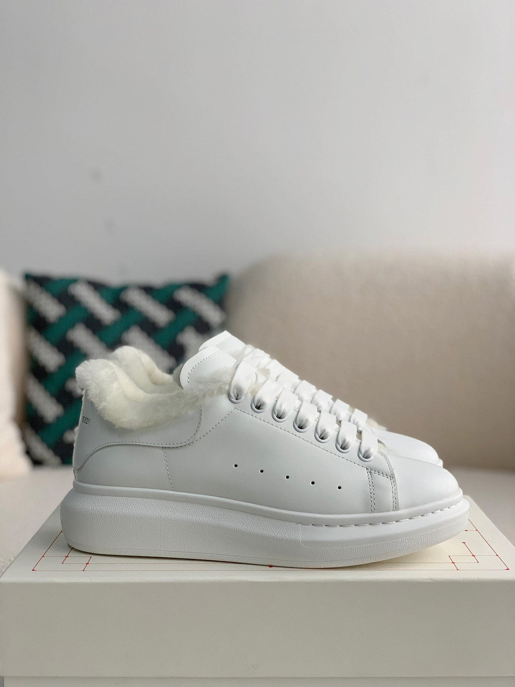 Alexander McQueen Men’s White Leather Oversized Sneakers with Shearling Lining