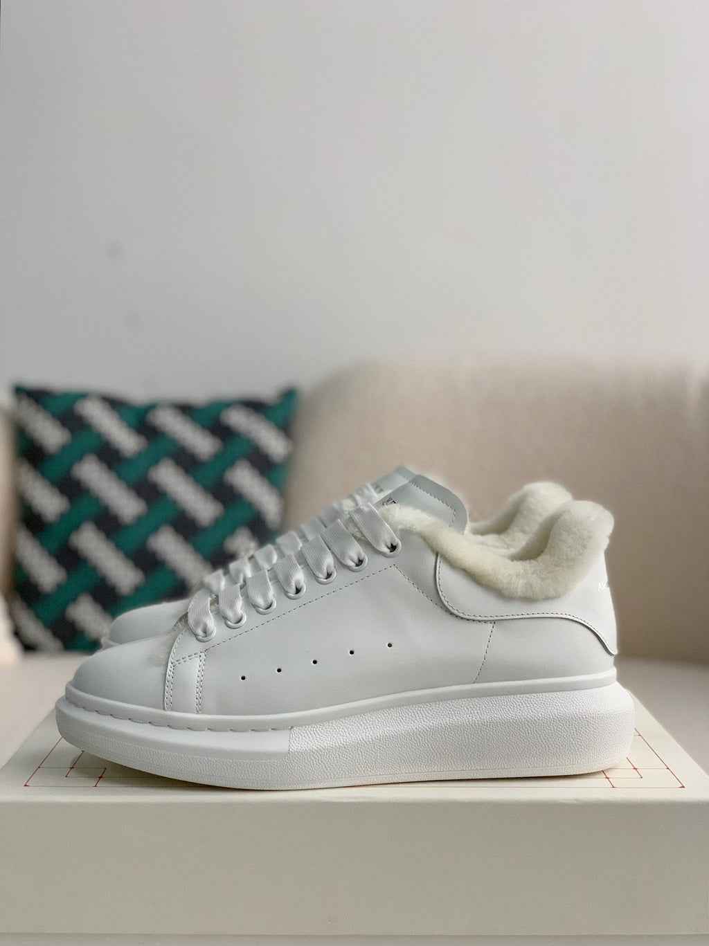 Alexander McQueen Men’s White Leather Oversized Sneakers with Shearling Lining