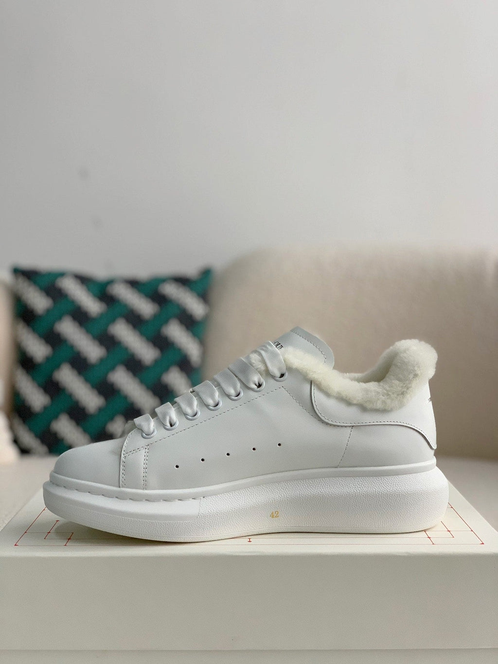 Alexander McQueen Men’s White Leather Oversized Sneakers with Shearling Lining