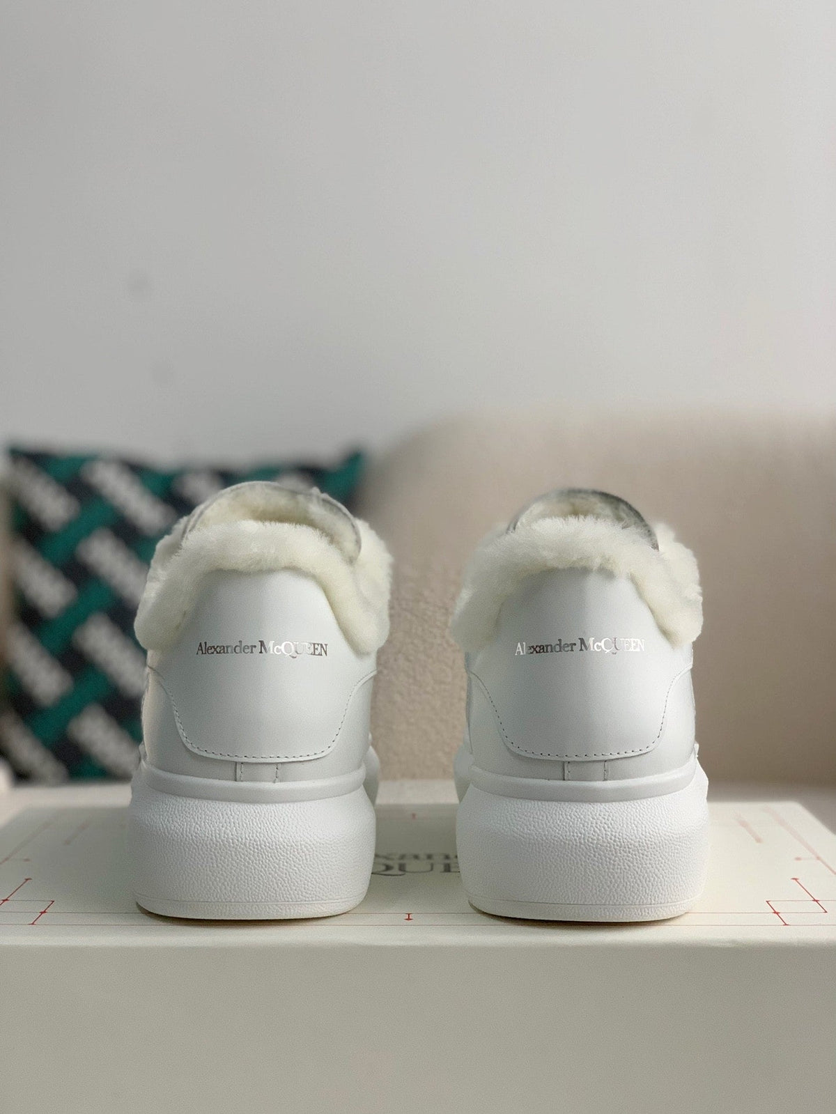 Alexander McQueen Men’s White Leather Oversized Sneakers with Shearling Lining
