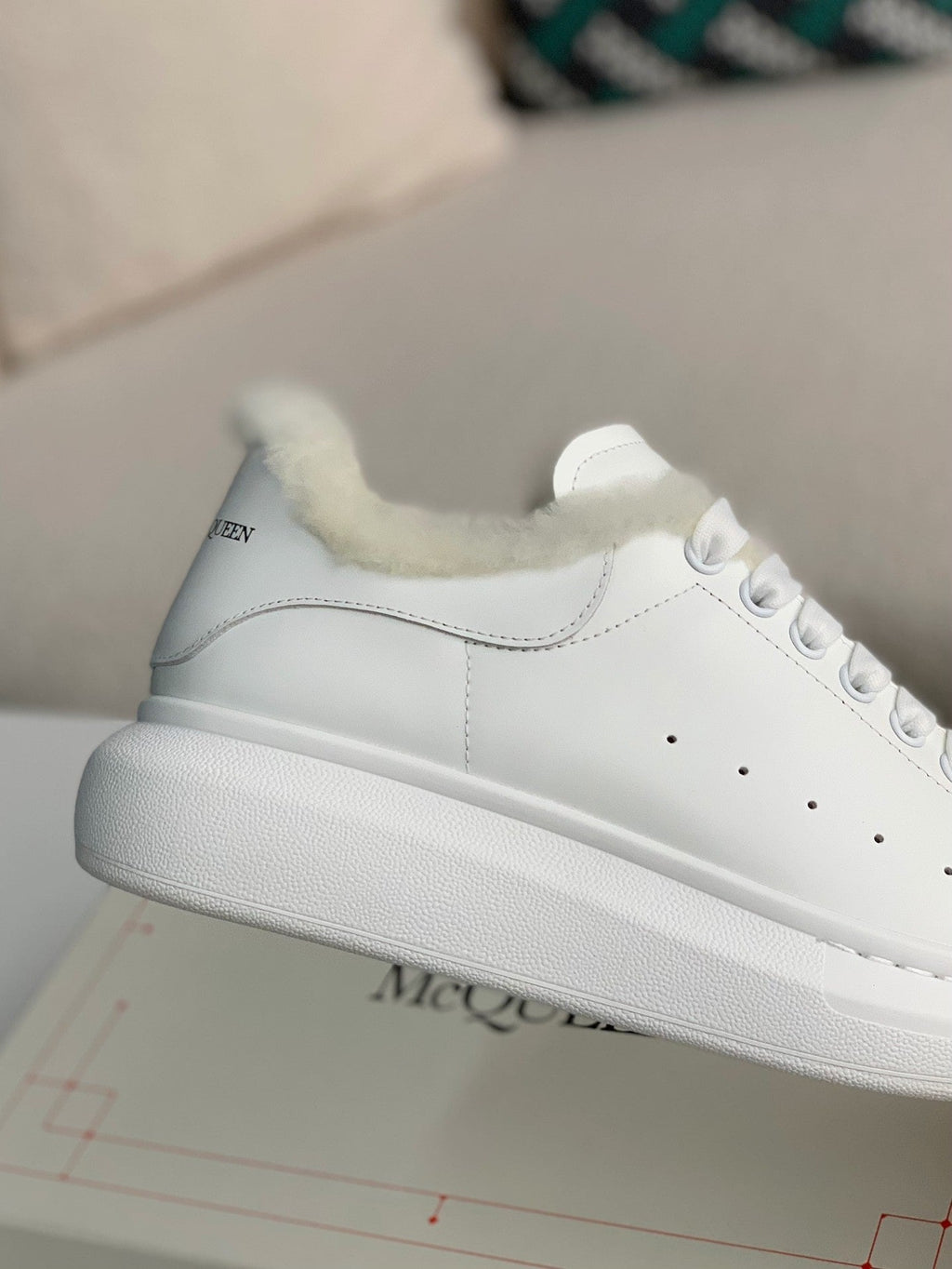 Alexander McQueen Men’s White Leather Oversized Sneakers with Shearling Lining