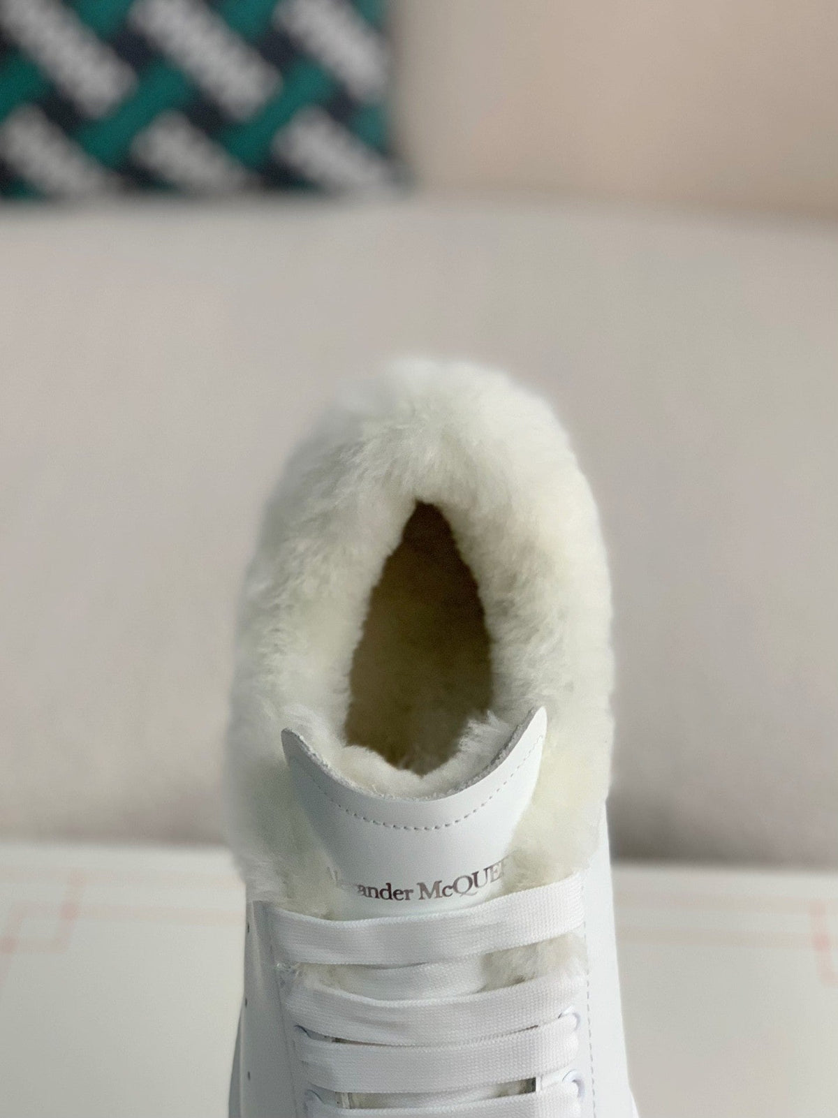 Alexander McQueen Men’s White Leather Oversized Sneakers with Shearling Lining