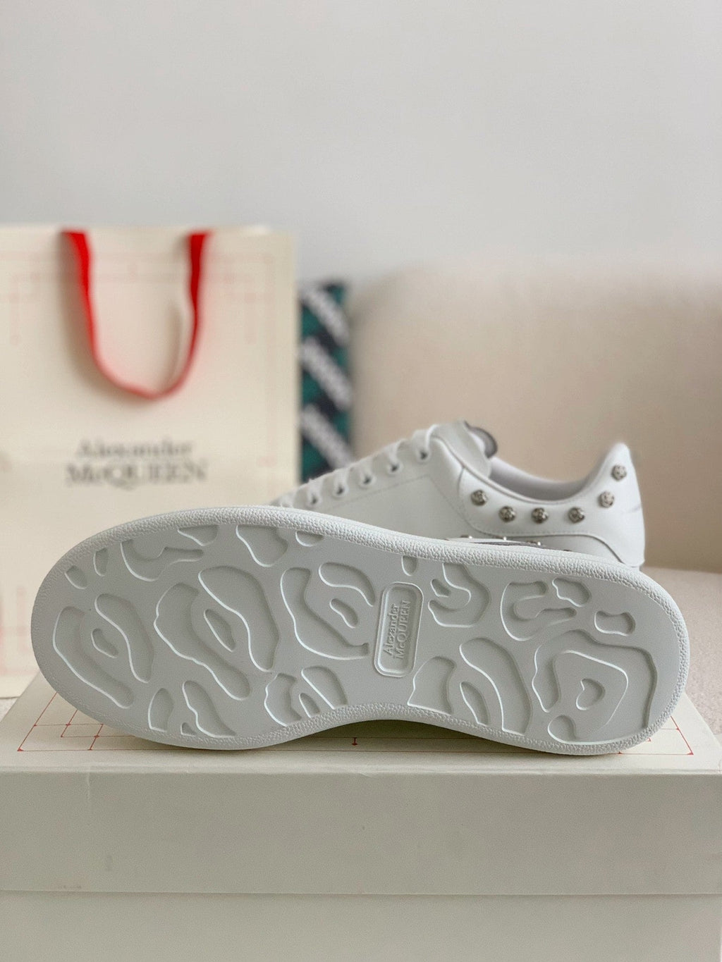 Alexander McQueen Men’s White Leather Oversized Sneakers with Silver Rose Studs
