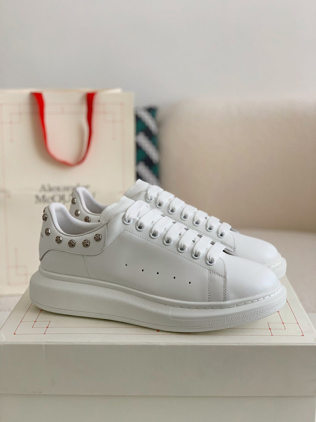 Alexander McQueen Men’s White Leather Oversized Sneakers with Silver Rose Studs