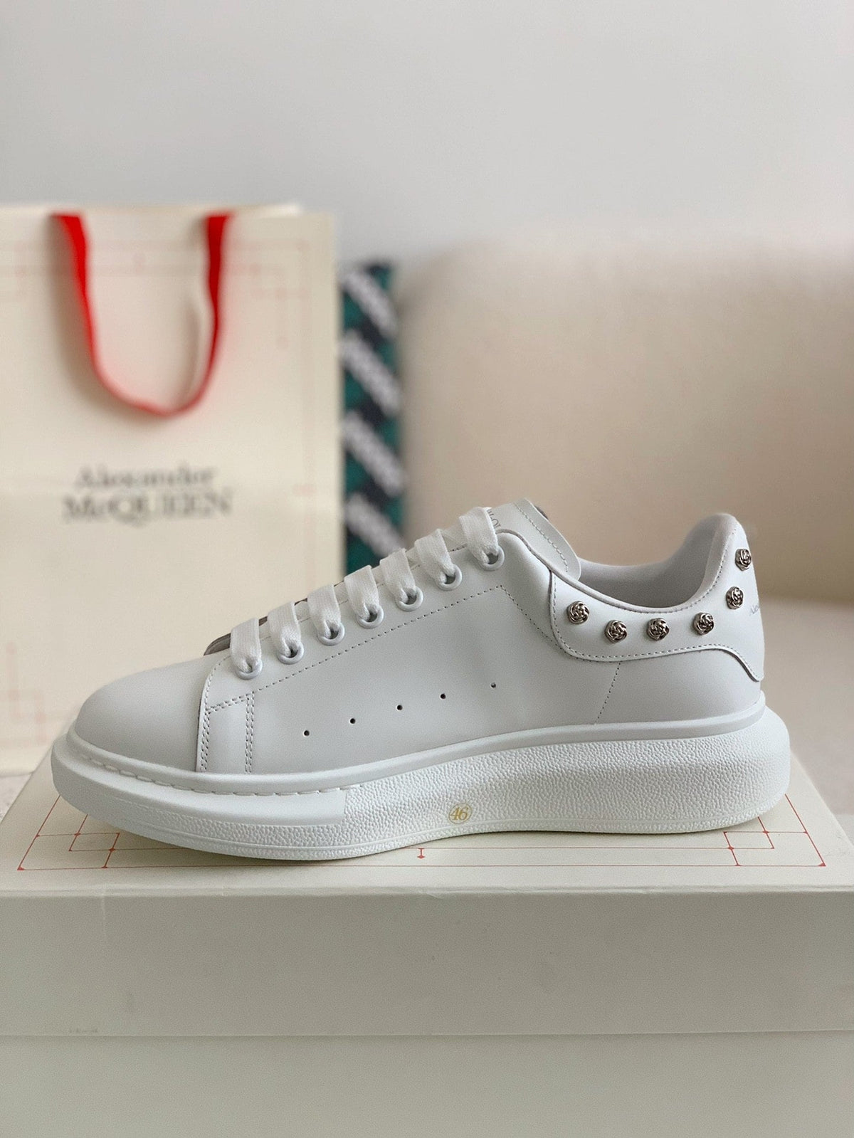 Alexander McQueen Men’s White Leather Oversized Sneakers with Silver Rose Studs