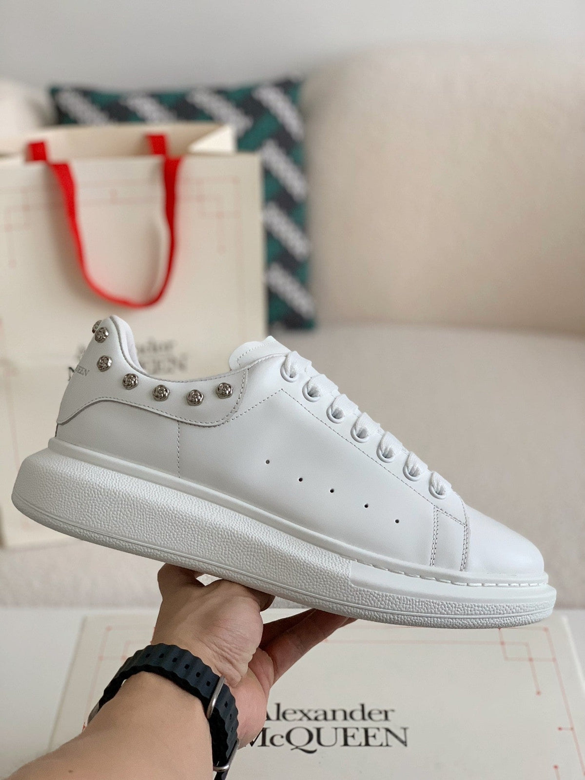 Alexander McQueen Men’s White Leather Oversized Sneakers with Silver Rose Studs