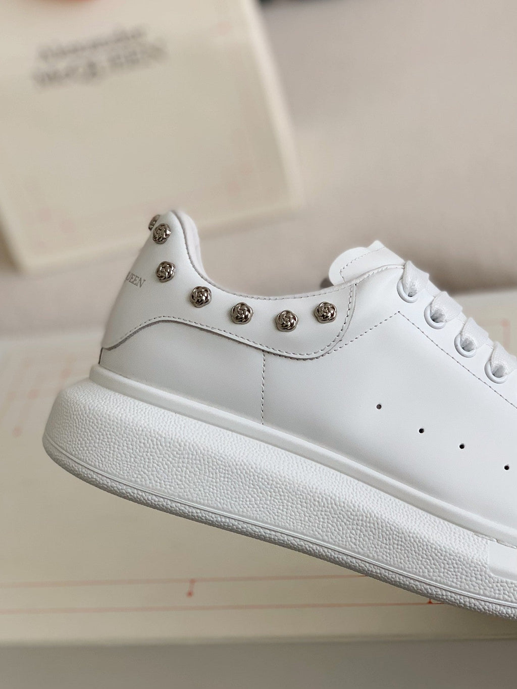 Alexander McQueen Men’s White Leather Oversized Sneakers with Silver Rose Studs