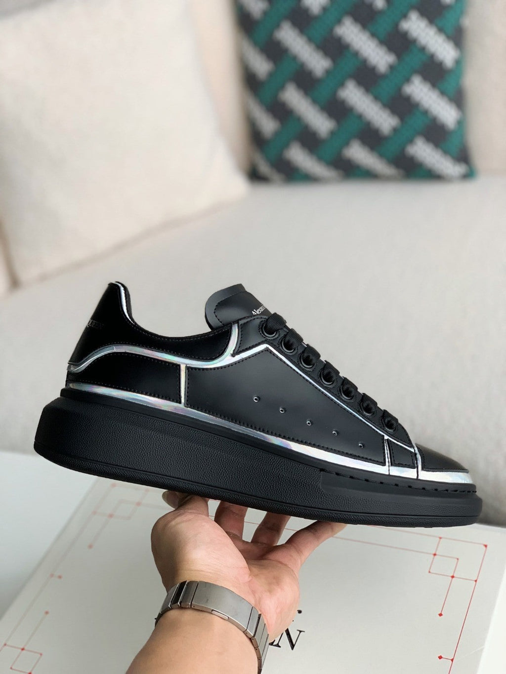 Alexander McQueen Oversized Black Sneakers with Holographic Piping Outline