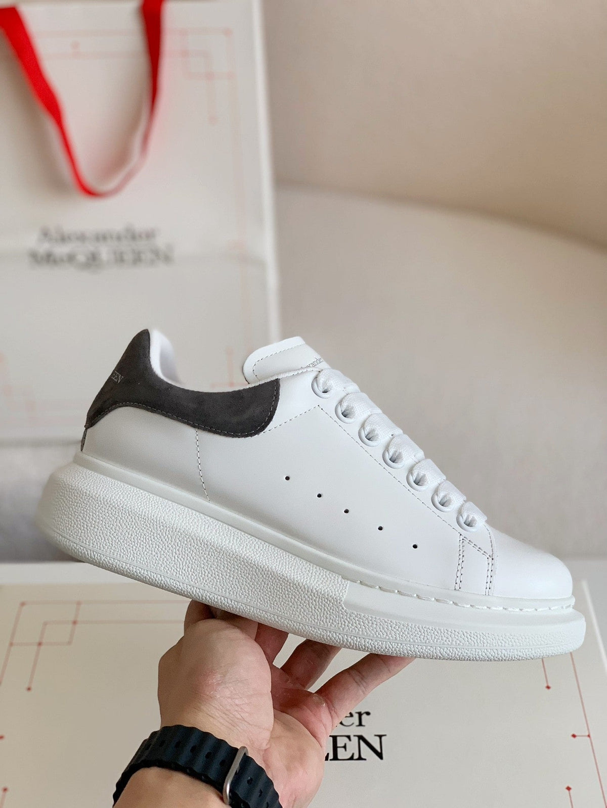 Alexander McQueen White Leather Oversized Sneakers with Black Suede Heel Tab