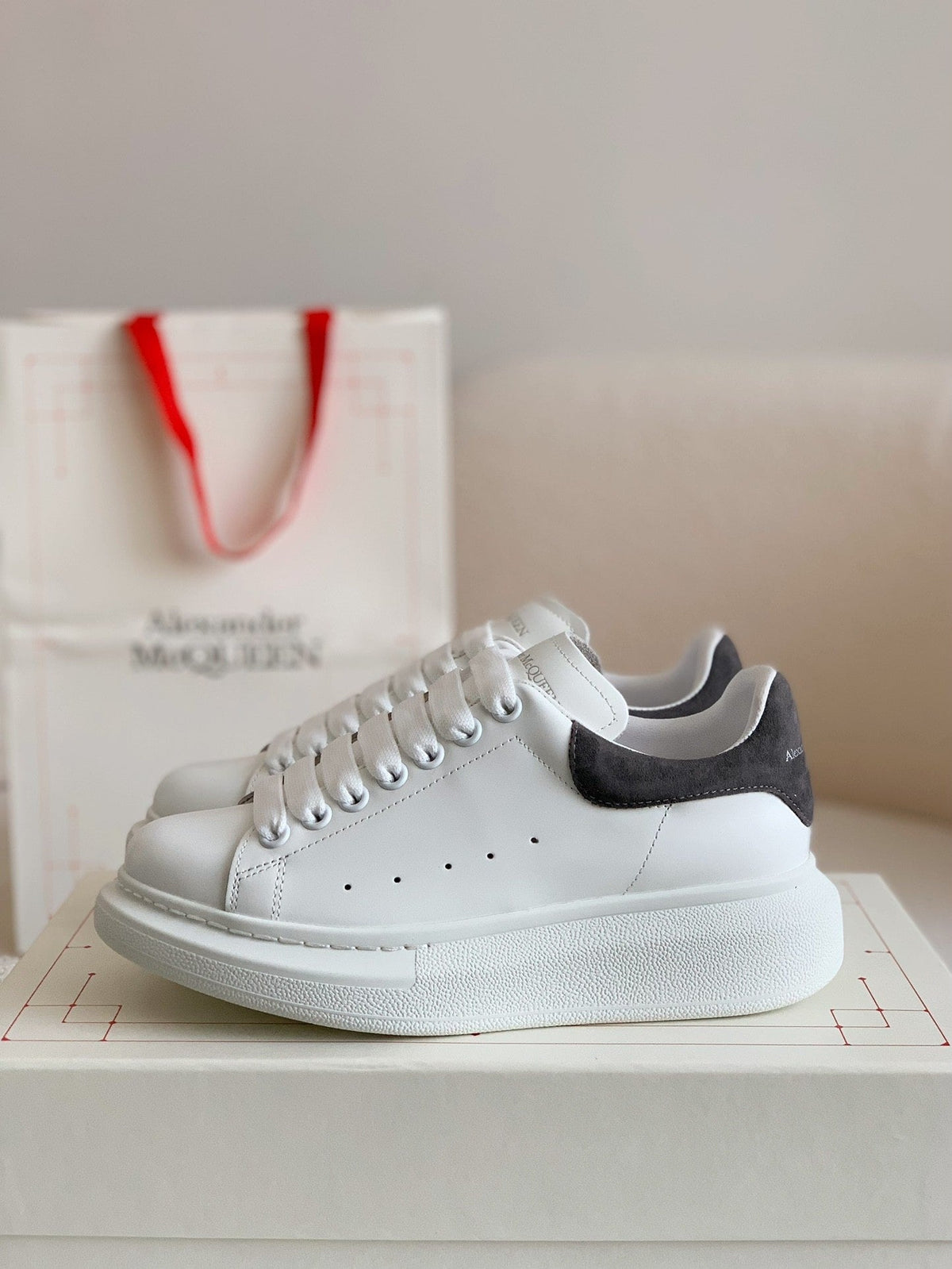 Alexander McQueen White Leather Oversized Sneakers with Black Suede Heel Tab