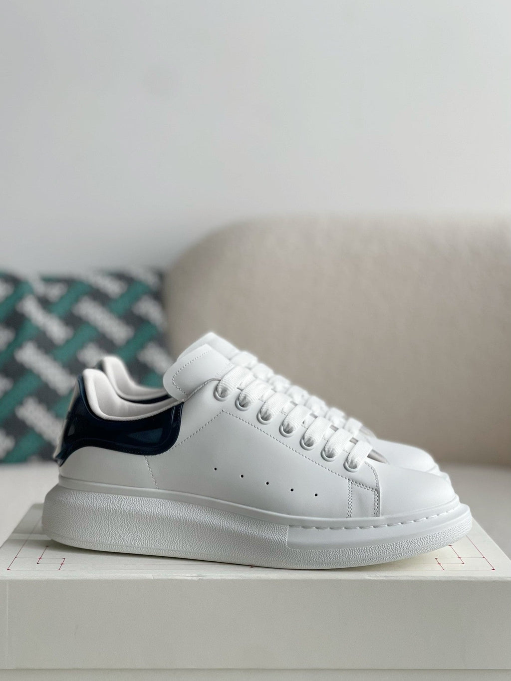Alexander McQueen White Leather Oversized Sneakers with Navy Blue Patent Heel