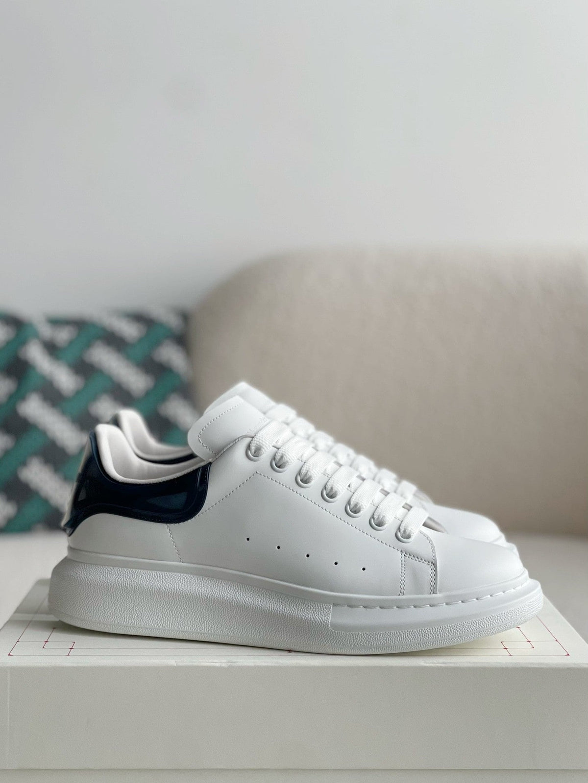 Alexander McQueen White Leather Oversized Sneakers with Navy Blue Patent Heel