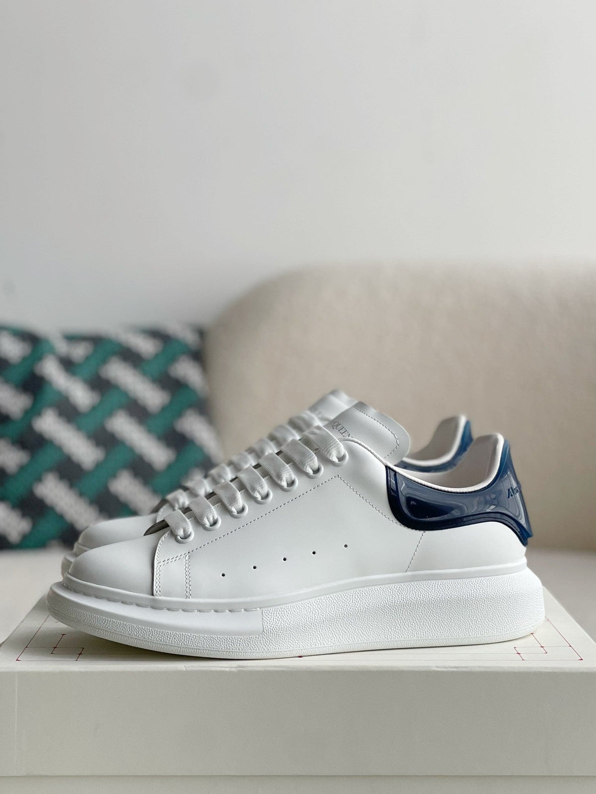Alexander McQueen White Leather Oversized Sneakers with Navy Blue Patent Heel