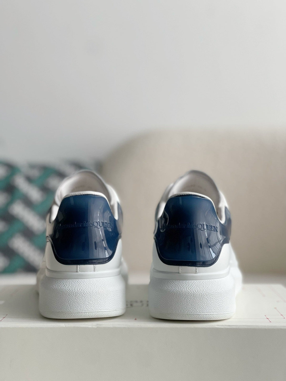 Alexander McQueen White Leather Oversized Sneakers with Navy Blue Patent Heel