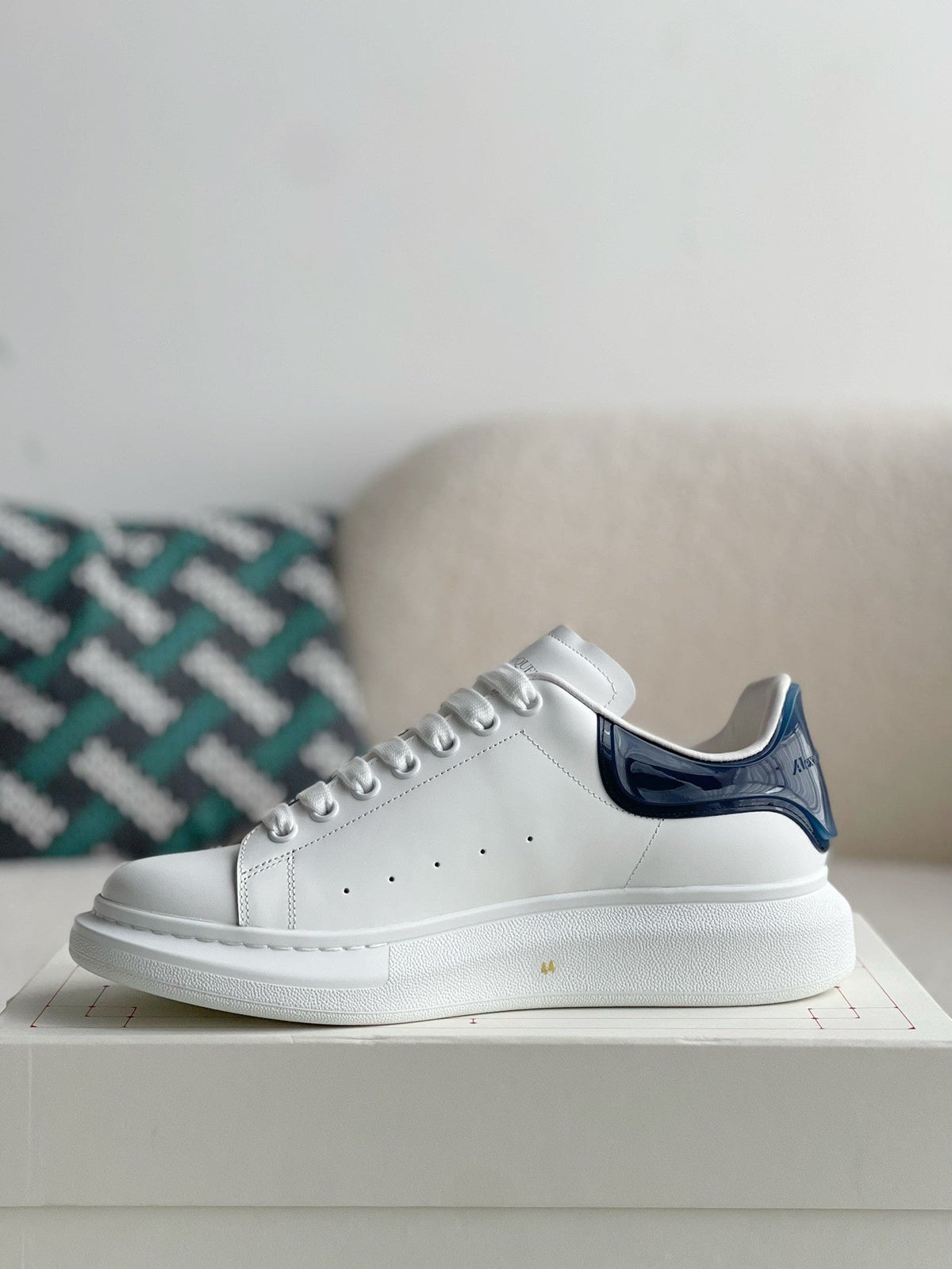 Alexander McQueen White Leather Oversized Sneakers with Navy Blue Patent Heel
