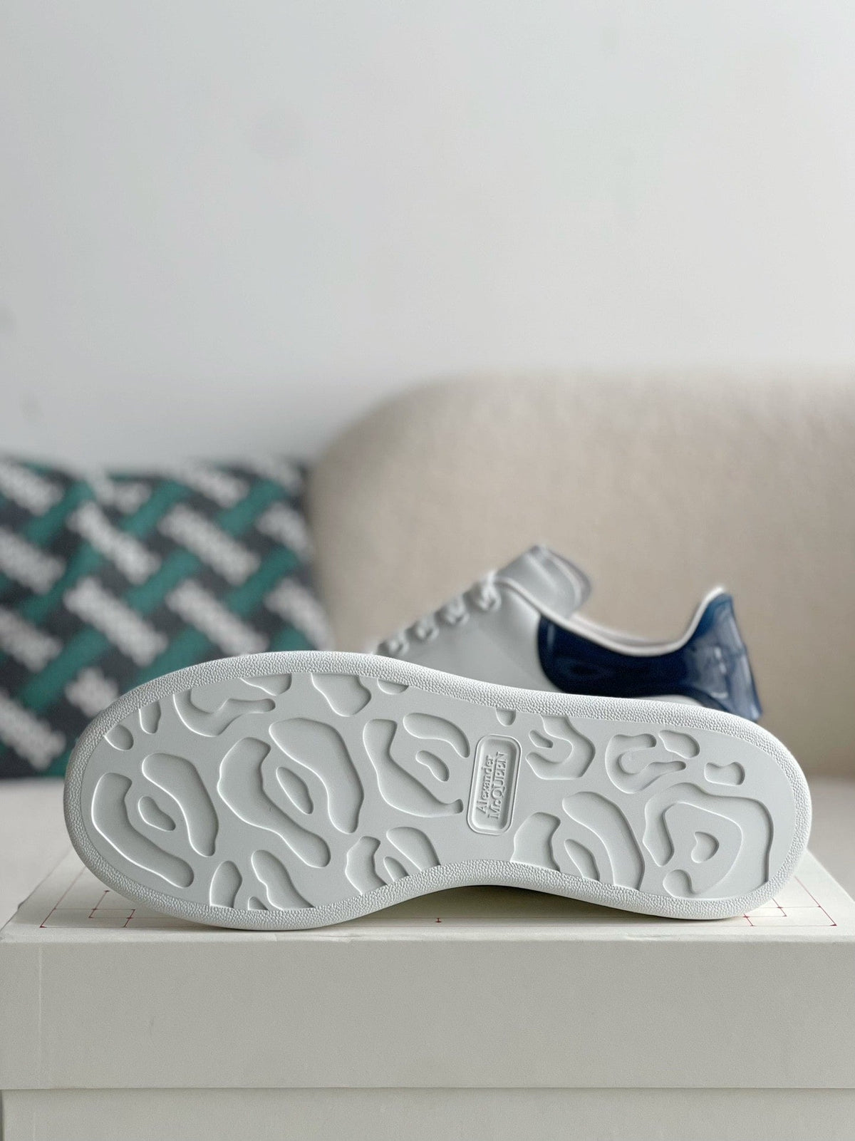 Alexander McQueen White Leather Oversized Sneakers with Navy Blue Patent Heel