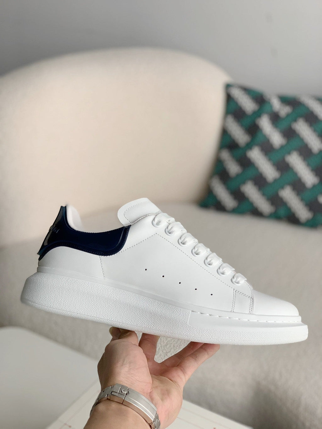 Alexander McQueen White Leather Oversized Sneakers with Navy Blue Patent Heel