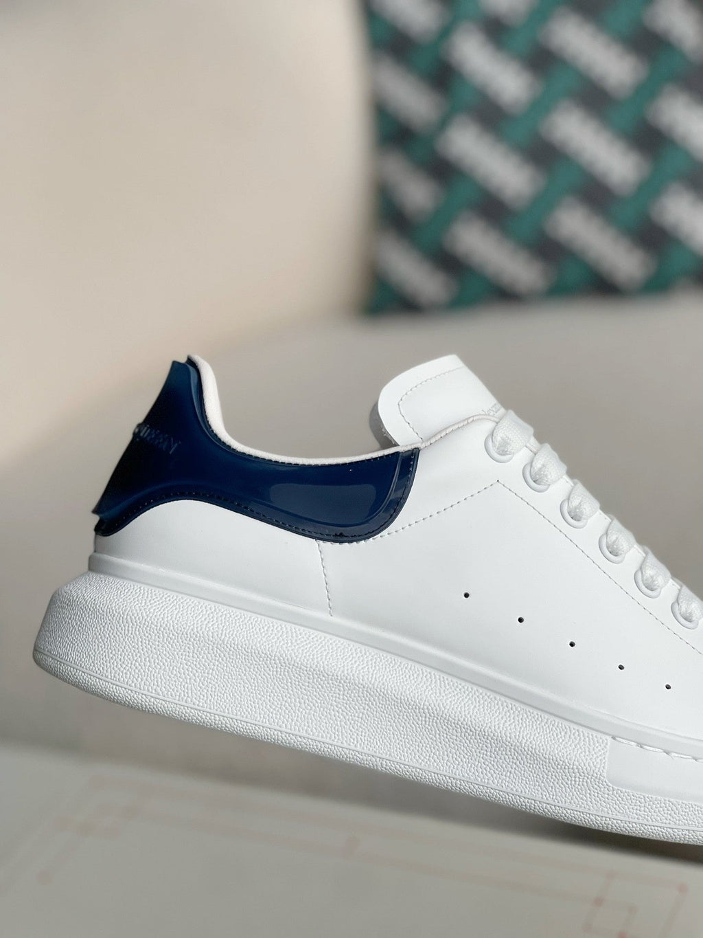 Alexander McQueen White Leather Oversized Sneakers with Navy Blue Patent Heel